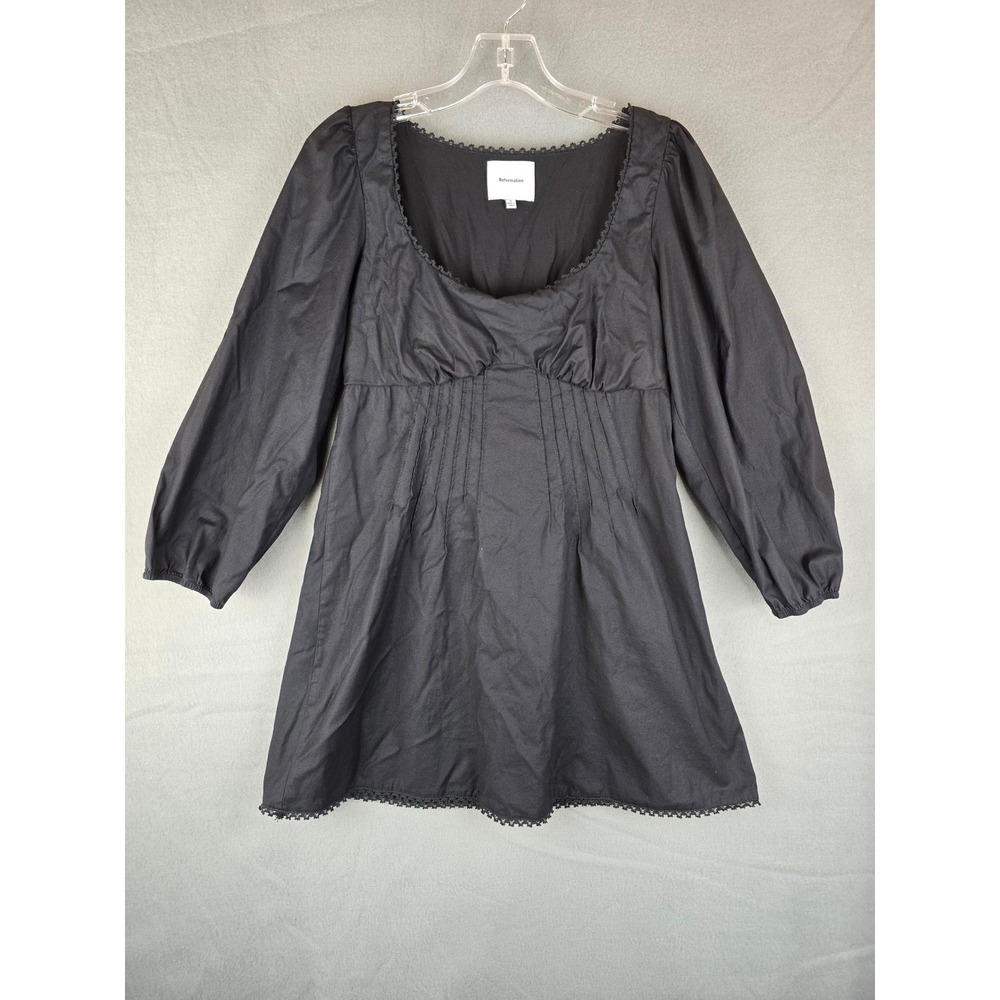 Reformation Mini Dress Women S Black Pintuck Lace Trim Puff Sleeve Romantic